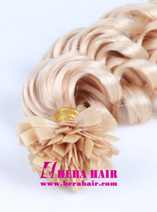Custom Blonde Color Screw Curl Malaysian Flat Tip Fusion Hair Extensions